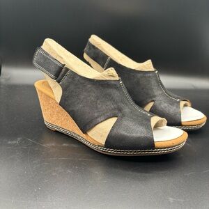 New Clark's Collection Women's Cork Wedge Heals Hook Loop‎ Black Sandals Size 9